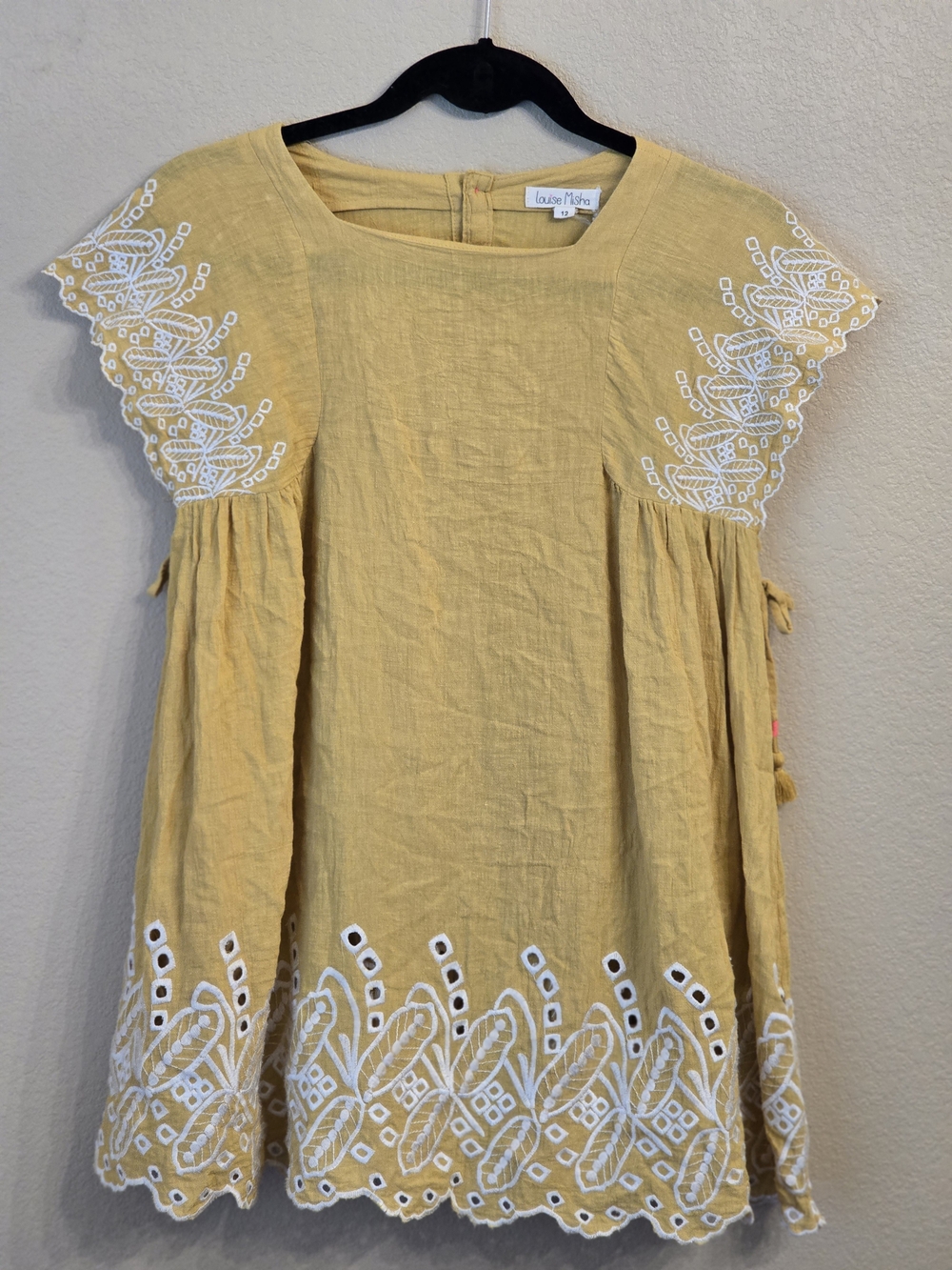 Louise Misha Girls' Size 12 Yellow Embroidered Cotton/Linen Dress Paris France